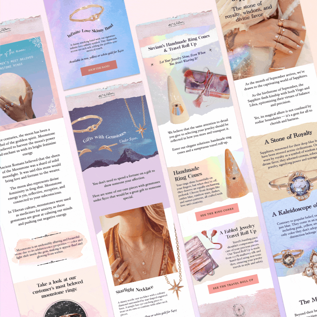 Animated collection of Cristina's Arcian jewelry email campaigns
